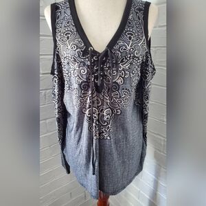 Venus Cold-Shoulder Lace-Up Floral Print Women's Top - Black/Gray , Size L